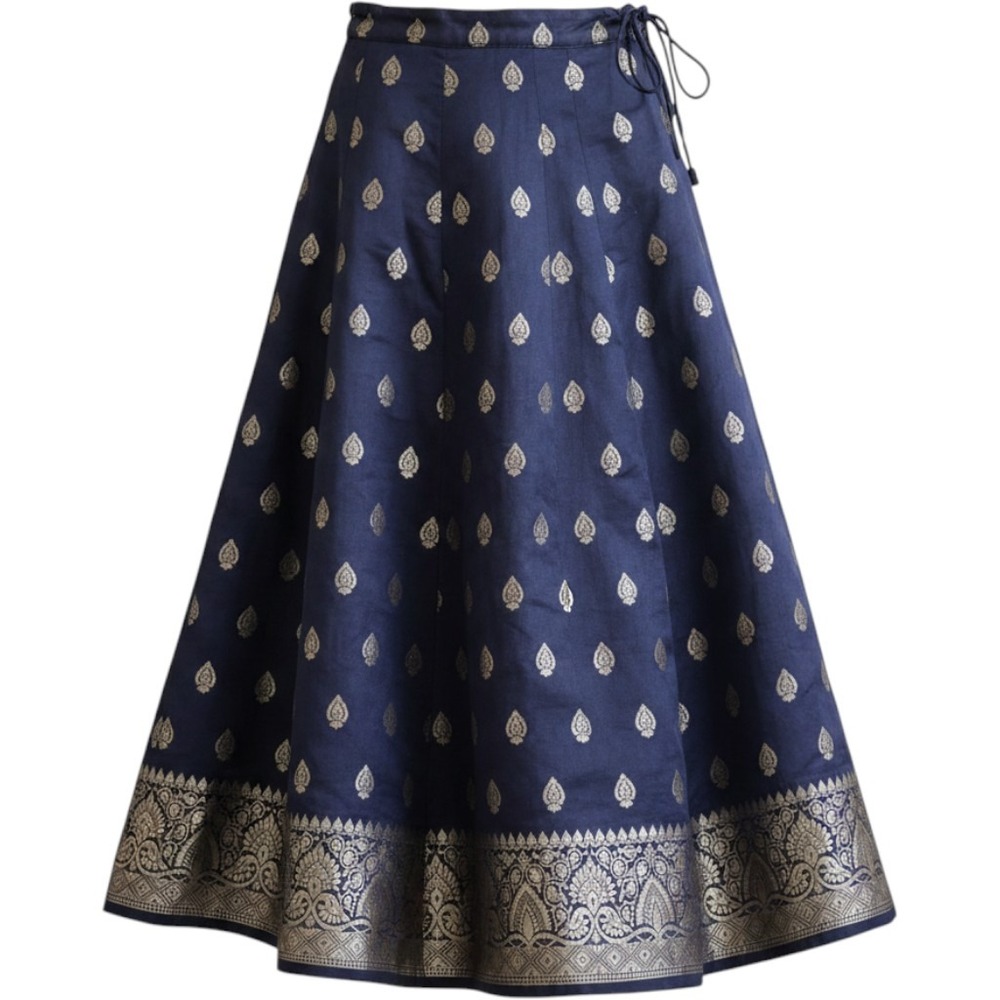 Navy‎ Blue Gold Zari Woven Silk Blend Lehenga Skirt Ethnic Indian Wear 28 Waist